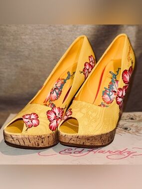 Ed Hardy Yellow Floral Peep-Toe Platform Heels